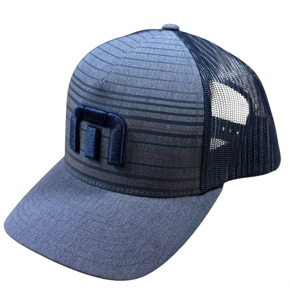 Travis Mathew Cap Navy Blue Gray‎ Snapback 5 Panel Golf Hat Mens EUC